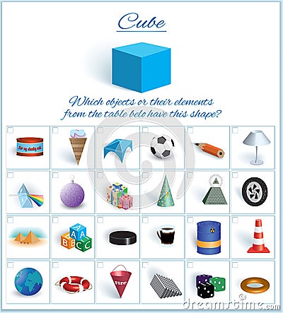 Cube. Logical task. Volumetric geometrical figure with examples of such objects form Vector Illustration