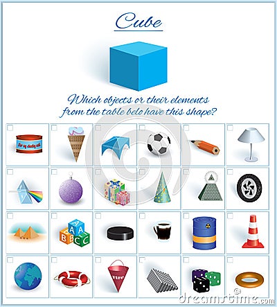 Cube. Logical task. Volumetric geometrical figure with examples of such objects form Vector Illustration