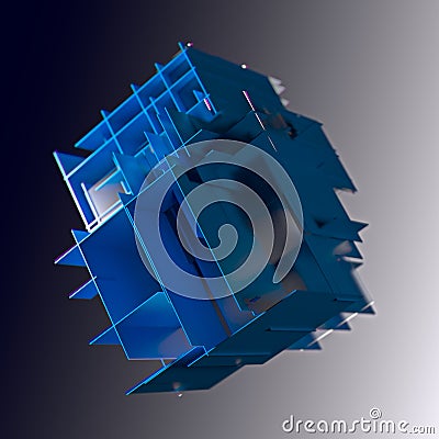 Abstract cube made of blue color plates on a gray background. 3d rendering. Innovative impressive technologies Stock Photo
