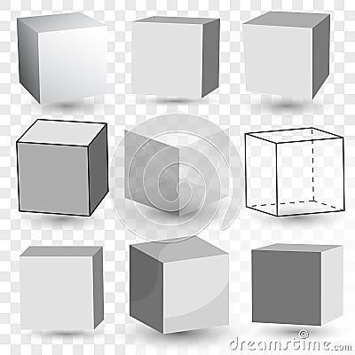 Cube Realistic set, transparent glass block model, paper cardboard box. Vector Vector Illustration