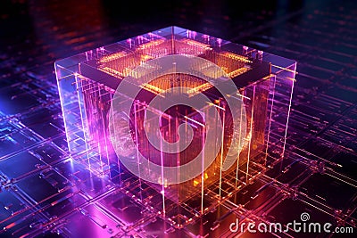 cube-shaped quantum computer made from unique and visually intriguing glass material, cutting-edge Stock Photo