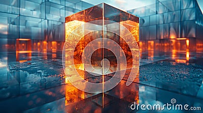 The cube sits atop a reflective surface the mirrored image creating an infinite loop of transformation. Each iteration Stock Photo