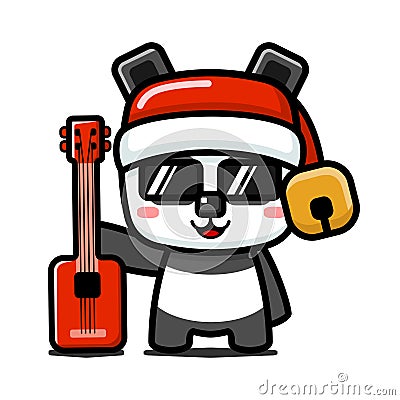 Cube Style Cute Christmas Panda Holding Guitar Vector Illustration