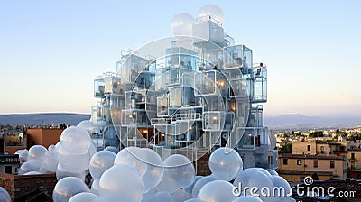 A cube transparent house in a traditional city Stock Photo