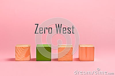 Cubes detail wooden text Zero West on pink background. The concept of using environmentally friendly natural materials. Stock Photo