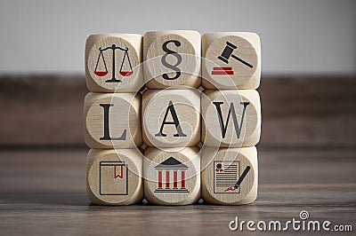 Cubes dice with law symbols and law Stock Photo