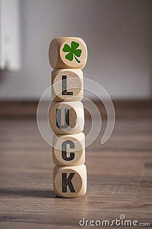 Cubes dice with Luck and shamrock or cloverleaf Stock Photo