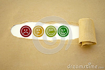 Cubes dice and paper work with rating emoticons for customer support Stock Photo
