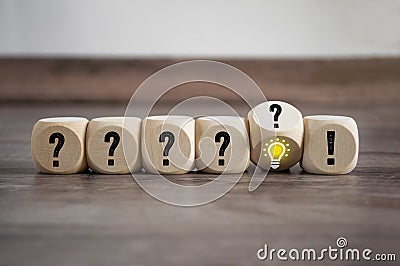 Cubes and dice with Idea on wooden background Stock Photo