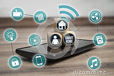 Cubes and dice with smartphone and network smart home icons Stock Photo