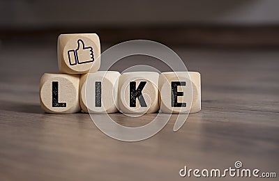 Cubes and dice with social media marketing i like it Stock Photo