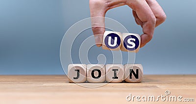 Cubes form the expression `join us`. Stock Photo