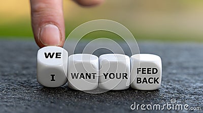 Cubes form the expression `we want your feedback`. Stock Photo