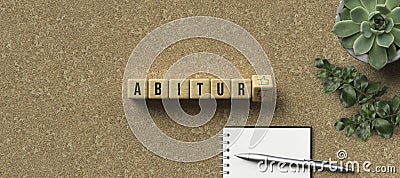 Cubes with the German name ABITUR as university-entry qualification and thumbs-up or thumbs-down decision Stock Photo