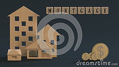 Cubes with the inscription mortgage on the background of wooden models of houses and gilded coins with the image of the dollar. Stock Photo