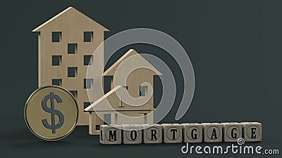 Cubes with the inscription mortgage on the background of wooden models of houses and gilded coins with the image of the dollar. Stock Photo