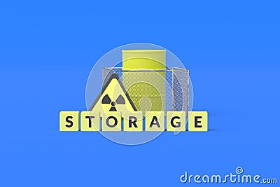 Cubes with inscription storage near barrel with radioactive substance and sign on blue background Stock Photo