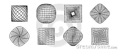 Cubes and spheres wireframe collection. Geometric surface grid of different shape. Distorted perspective planes and Vector Illustration