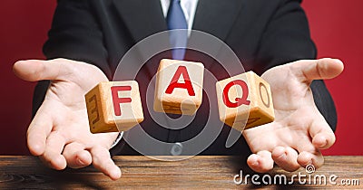 Cubes thrown by a official make word abbreviation acronym FAQ frequently asked questions. Instructions rules. Convenient form of Stock Photo