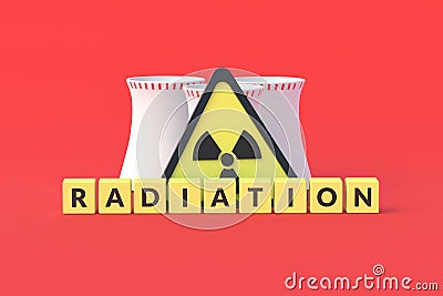 Cubes with word radiation near sign of toxic hazard and nuclear power plant on red background Stock Photo