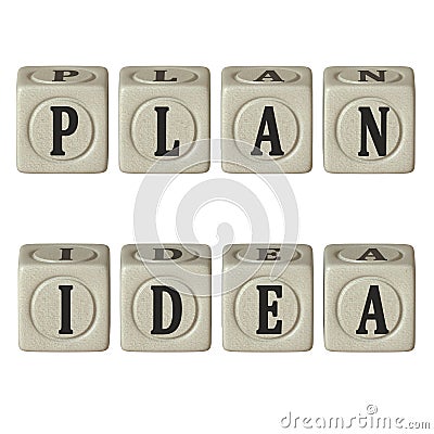 Cubes with the words `Idea`, `Plan`, on a white background. 3D rendering. Finance concept. Blank for design. Stock Photo