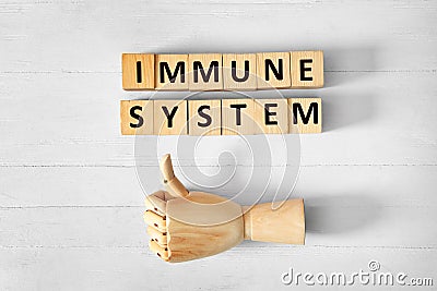 Cubes with words Immune System and mannequin hand showing thumb up gesture on white wooden table, flat lay Stock Photo