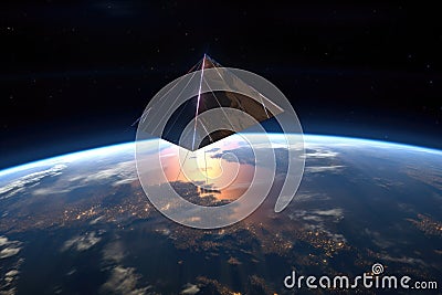 cubesat with solar sail deployed in earth orbit Stock Photo