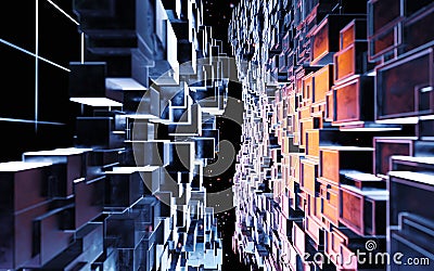 Cubic cyberpunk space, conceptual geometry background, 3d rendering Stock Photo