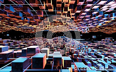 Cubic cyberpunk space, conceptual geometry background, 3d rendering Stock Photo