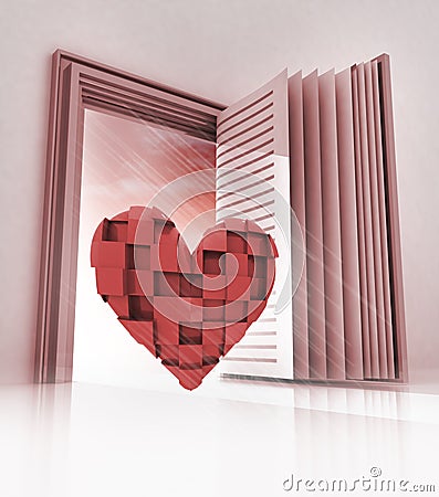 Cubic heart in doorway as open book Cartoon Illustration