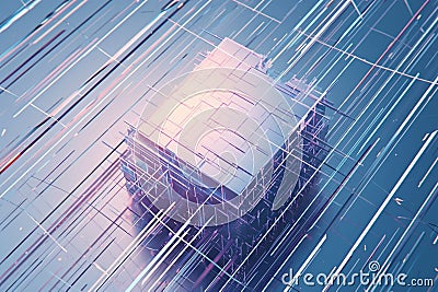 Cubical form intersects with grid space in captivating 3D rendering Stock Photo