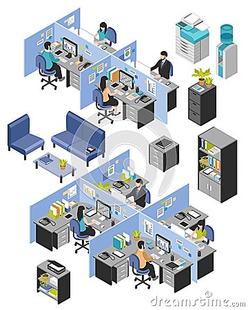 Cubicle Office Workplaces Set Vector Illustration