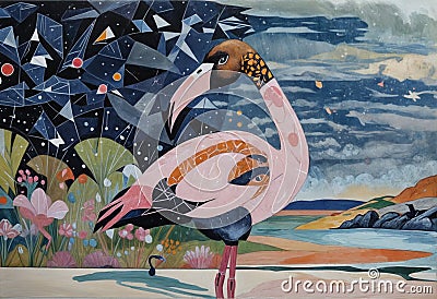 A Cubist drawing of a flamingo, depicted in minimalist analytical style, features sparse, unconnected rough lines of varying Stock Photo