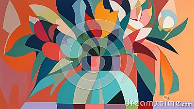 A Cubist-inspired artwork that depicts a vase with abstract, asymmetrical flowers. Stock Photo