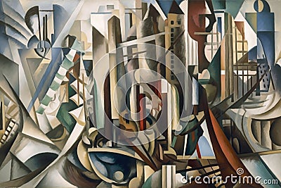 cubist painting of cityscape, with skyscrapers and bridges visible Stock Photo