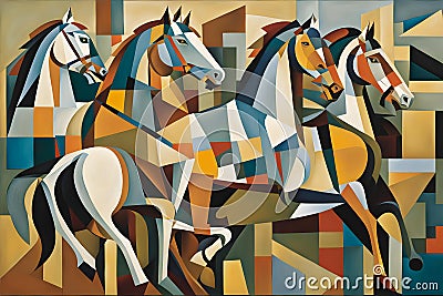 cubis abstract painting of a group of running horses in geometric shapes Stock Photo