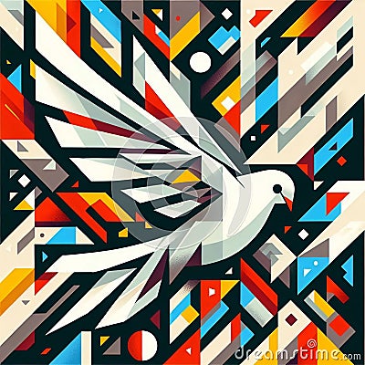cubist-style illustration of a white dove, fragmented into geometric shapes with sharp, angular lines and contrasting bold colors Cartoon Illustration