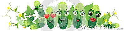 Cucumber border. Cute cartoon emoji green vegetables Vector Illustration