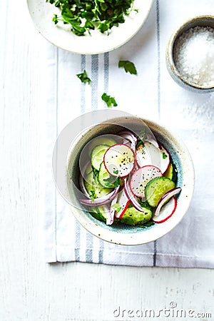 Cucumber and radish salad with red onion, sea salt and black pepper Stock Photo