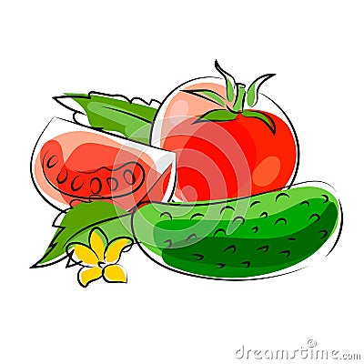 Cucumber and red tomato whole and piece on a background of leaves. Line drawing graphic illustration. Isolated on Vector Illustration