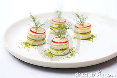 cucumber rounds layered with dill on white plate Stock Photo