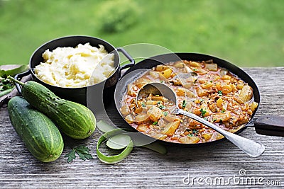 Cucumber sauce with mashed potato, Slovenian traditional food Stock Photo