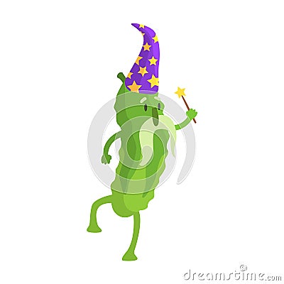 Cucumber In Wizard Costume With Magic Wand, Part Of Vegetables In Fantasy Disguises Series Of Cartoon Silly Characters Vector Illustration