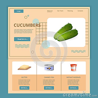 Cucumbers flat landing page website template. Butter, canned fish, instant noodles. Web banner with header, content and Vector Illustration