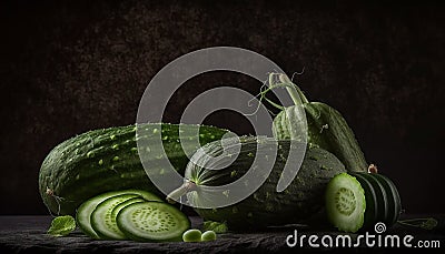 cucumbers on the table, black background, generative ai Stock Photo