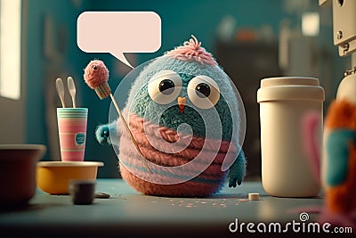 Cuddly extrange funny criatures, with blank signboards to help to communicate the messages, copy space, generative ai Stock Photo
