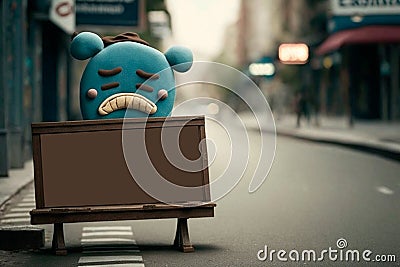 Cuddly extrange funny criatures, with blank signboards to help to communicate the messages, copy space, generative ai Stock Photo