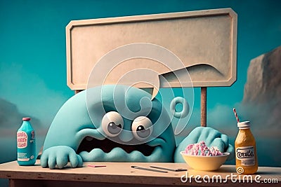 Cuddly extrange funny criatures, bored, with blank signboards to help to communicate the messages, copy space, generative ai Stock Photo