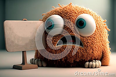 Cuddly extrange funny criatures, confused, with blank signboards to help to communicate the messages, copy space, generative ai Stock Photo