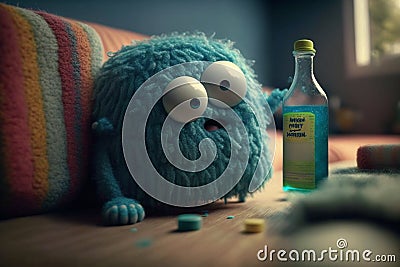 Cuddly extrange funny criatures, drinking, with blank signboards to help to communicate the messages, copy space, generative ai Stock Photo